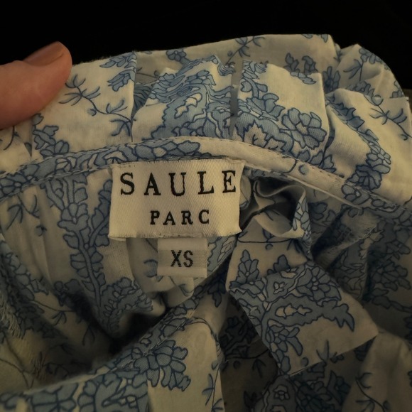 Saule Parc Ruffle Collar Top Size XS Blue Floral Cotton Cottagecore Preppy Chic - Picture 8 of 10